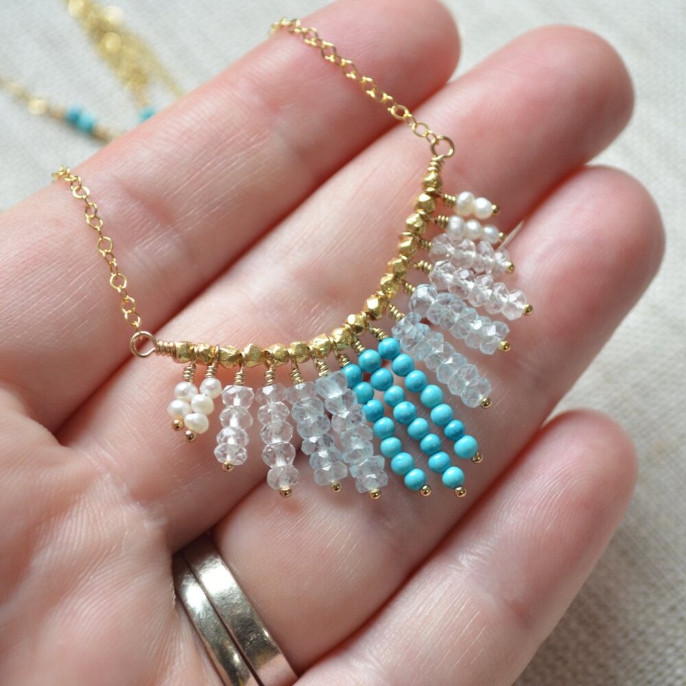 Turquoise Fringe Necklace with Blue Topaz - Made in Canada
